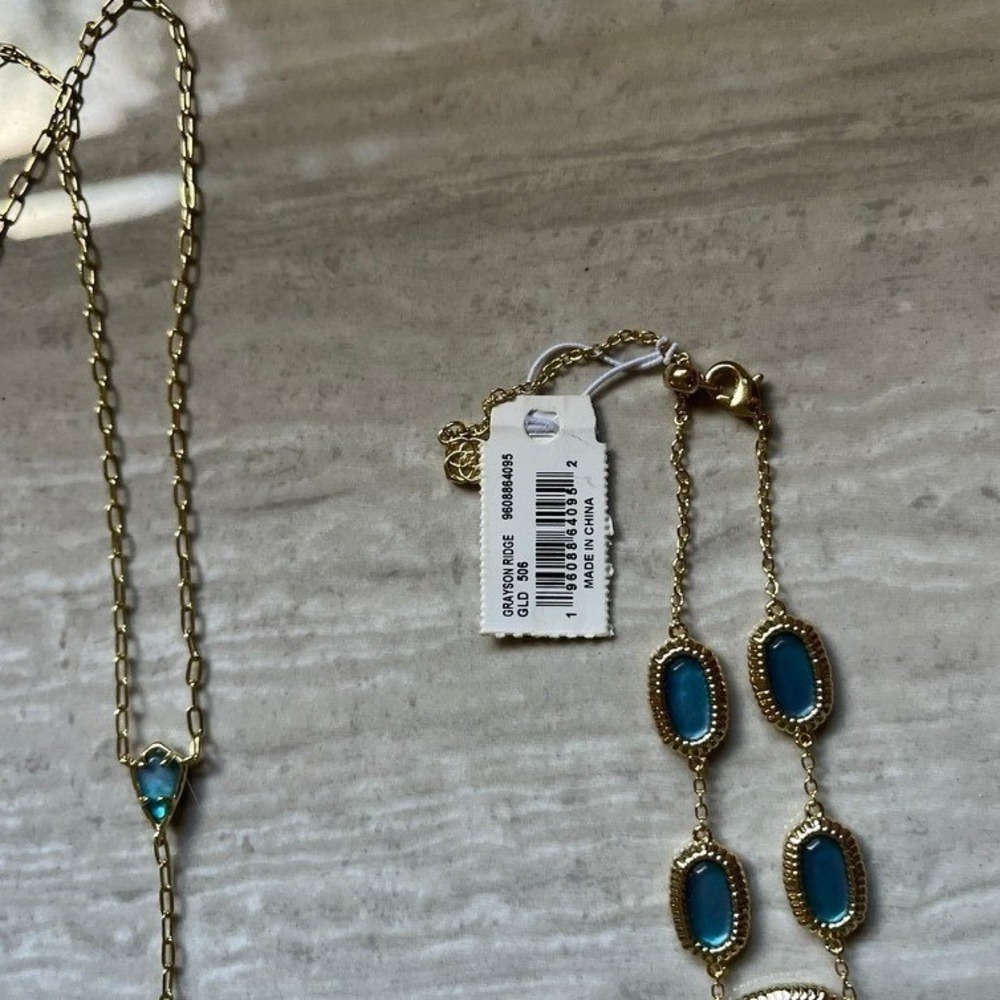 Kendra Scott Gold Tone Teal Blue Stone Lariat Necklace and Slider Bracelet Set - Picture 4 of 7
